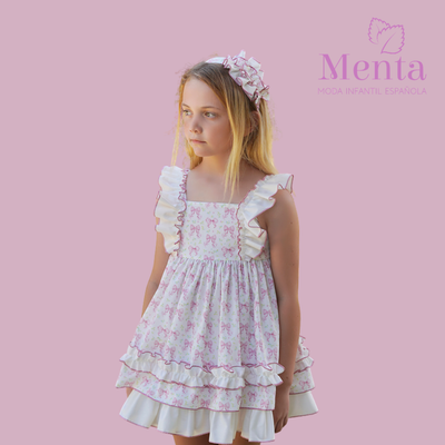 VESTIDO IVORY ESTAMPADO MOÑOS ROSA MALVA OLANES HOMBROS - Menta Moda Infantil
