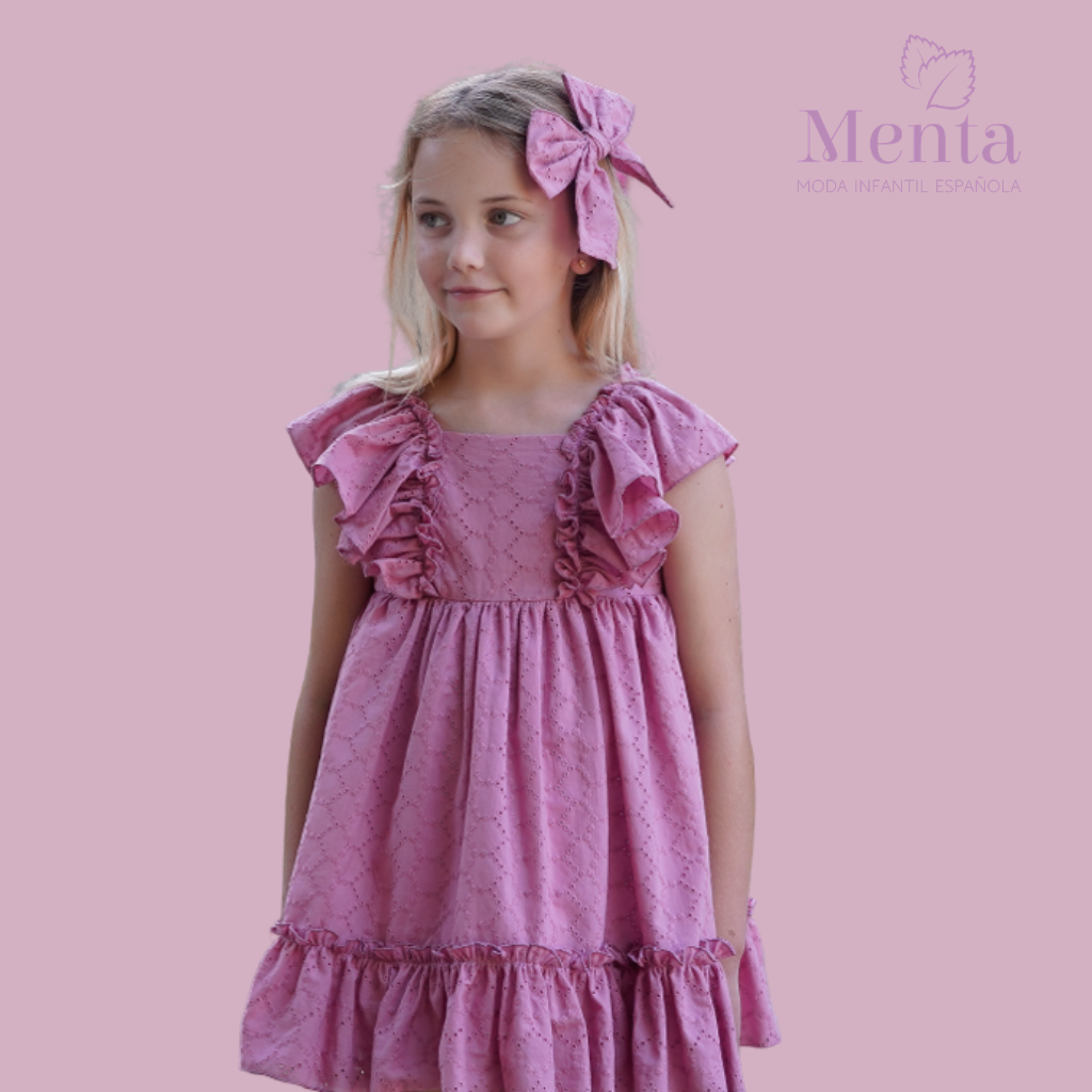 VESTIDO NIÑA ALGODÓN PERFORADO ROSA MALVA - Menta Moda Infantil