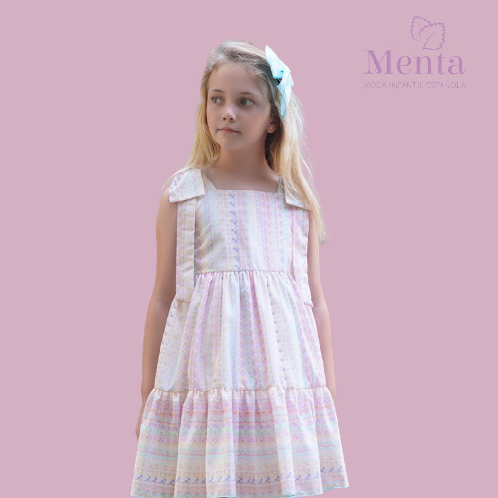 VESTIDO CUADRITOS COLORES PASTEL LAZOS EN HOMBROS - Menta Moda Infantil