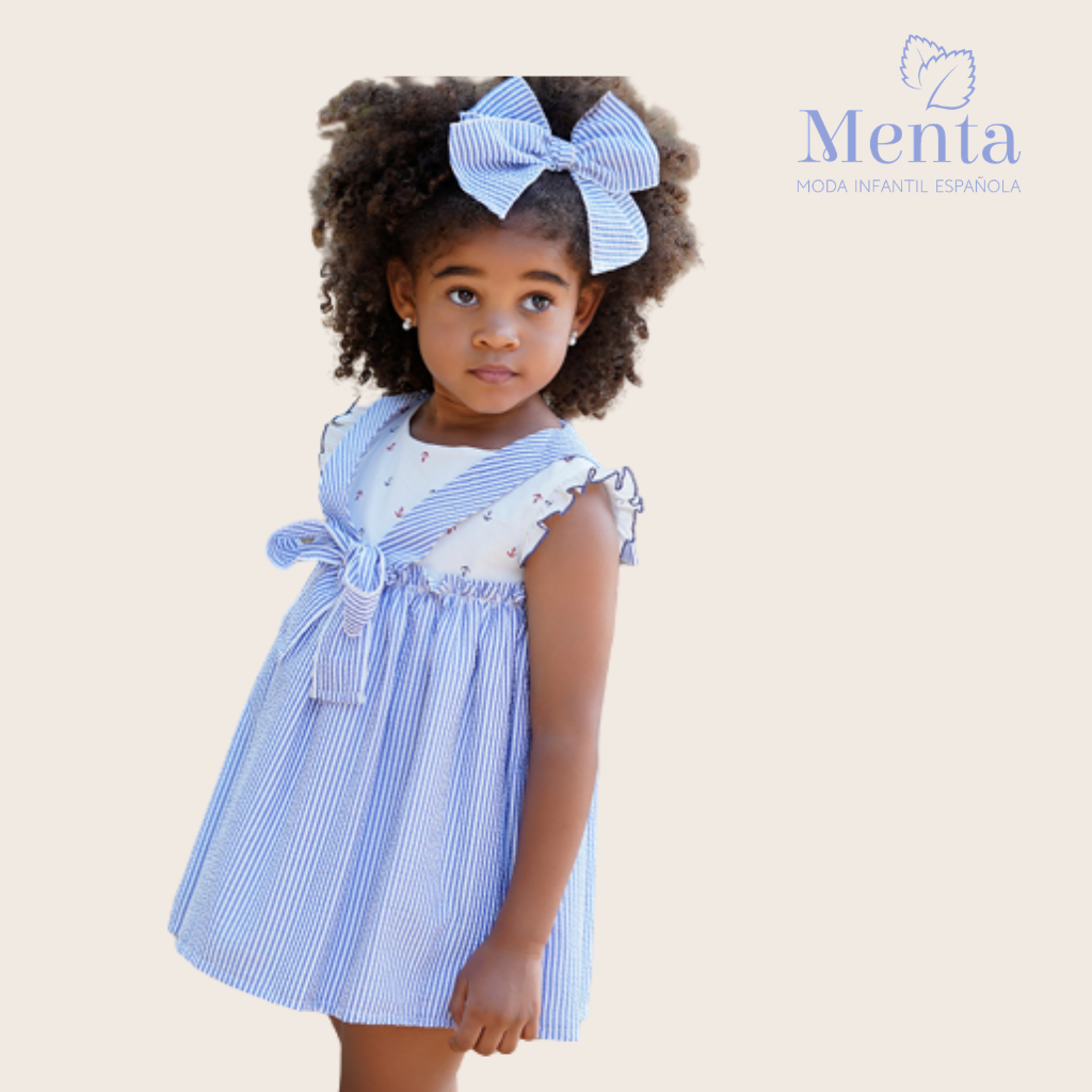 VESTIDO LINEAS CELESTE ESTAMPADO ANCLAS - Menta Moda Infantil