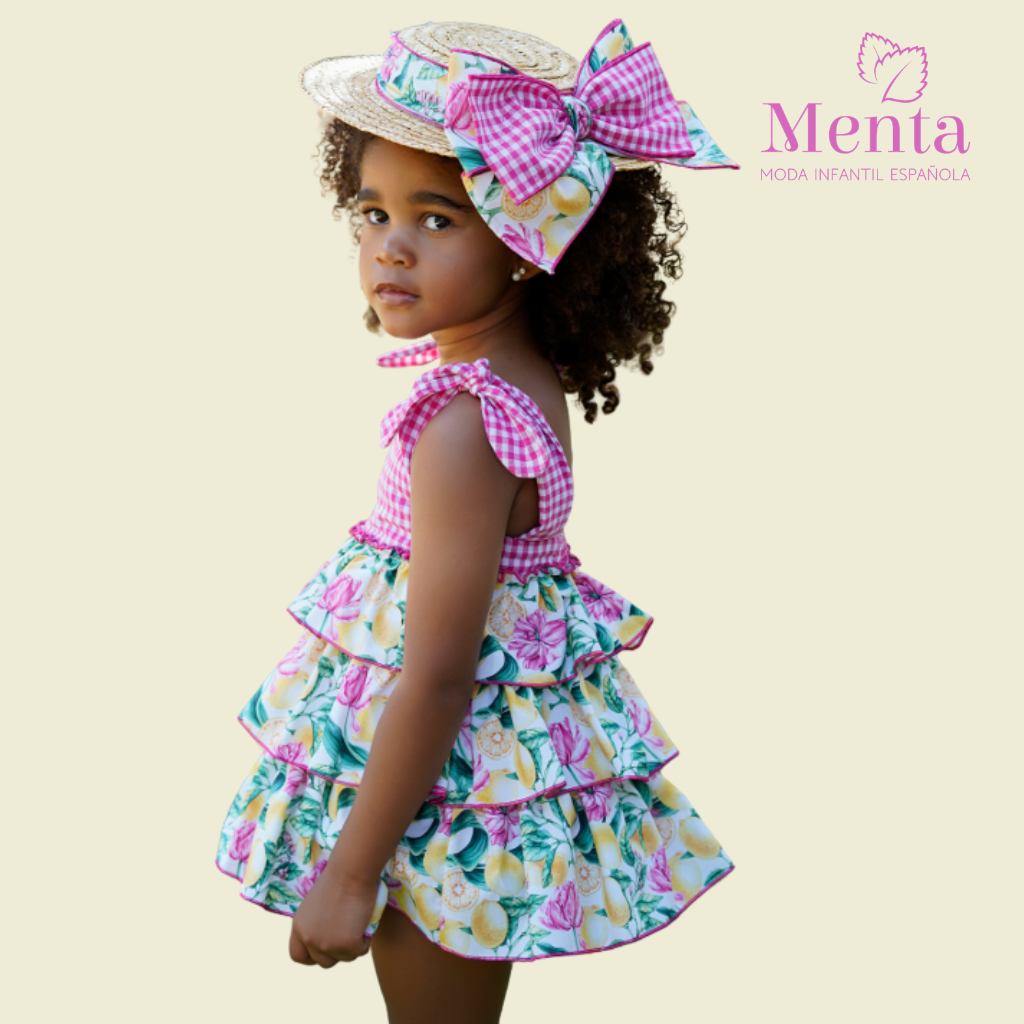 VESTIDO OLANES ESTAMPADO LIMONES CUADROS ROSA - Menta Moda Infantil