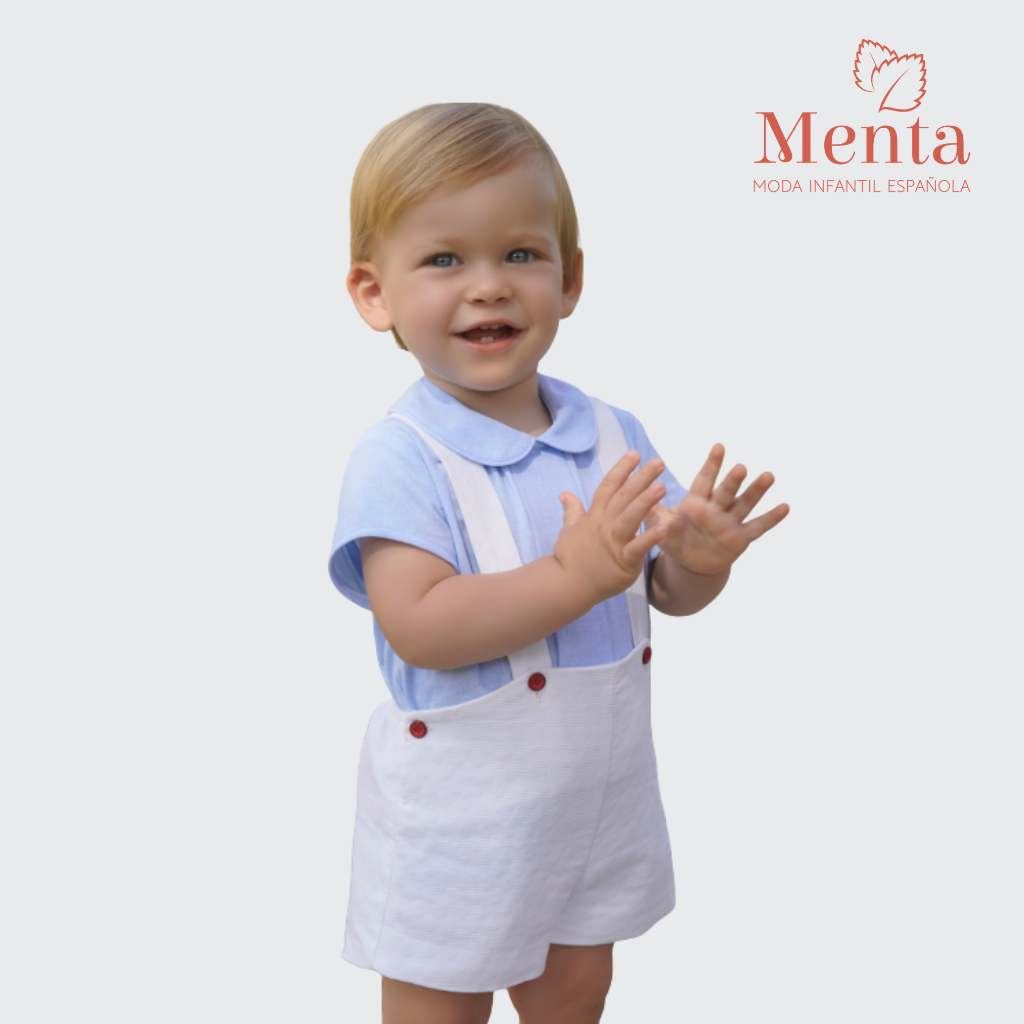 CONJUNTO BEBÉ NIÑO PETO BLANCO CAMISA AZUL - Menta Moda Infantil
