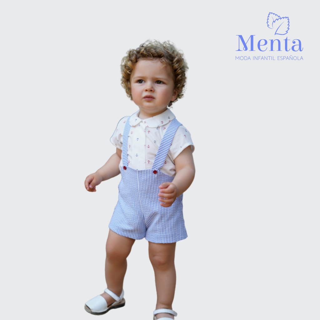 CONJUNTO BEBÉ PETO AZUL LINEAS ANCLAS - Menta Moda Infantil