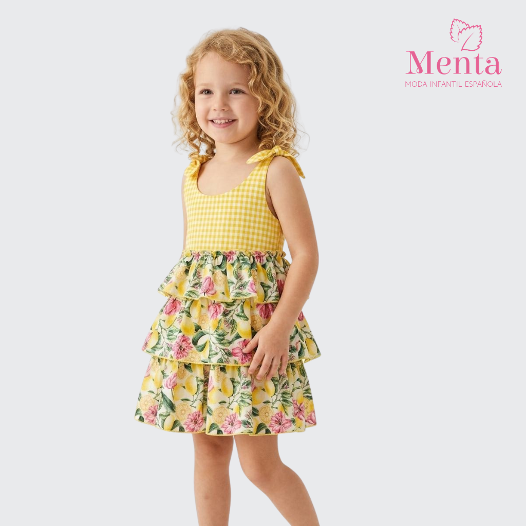 VESTIDO OLANES ESTAMPADO LIMONES CUADROS AMARILLOS - Menta Moda Infantil