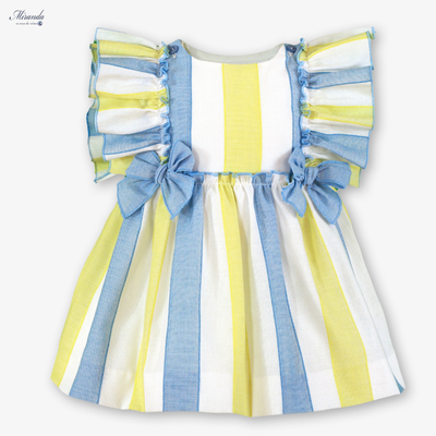VESTIDO BEBE FRANJAS AMARILLO CELESTE - Menta Moda Infantil