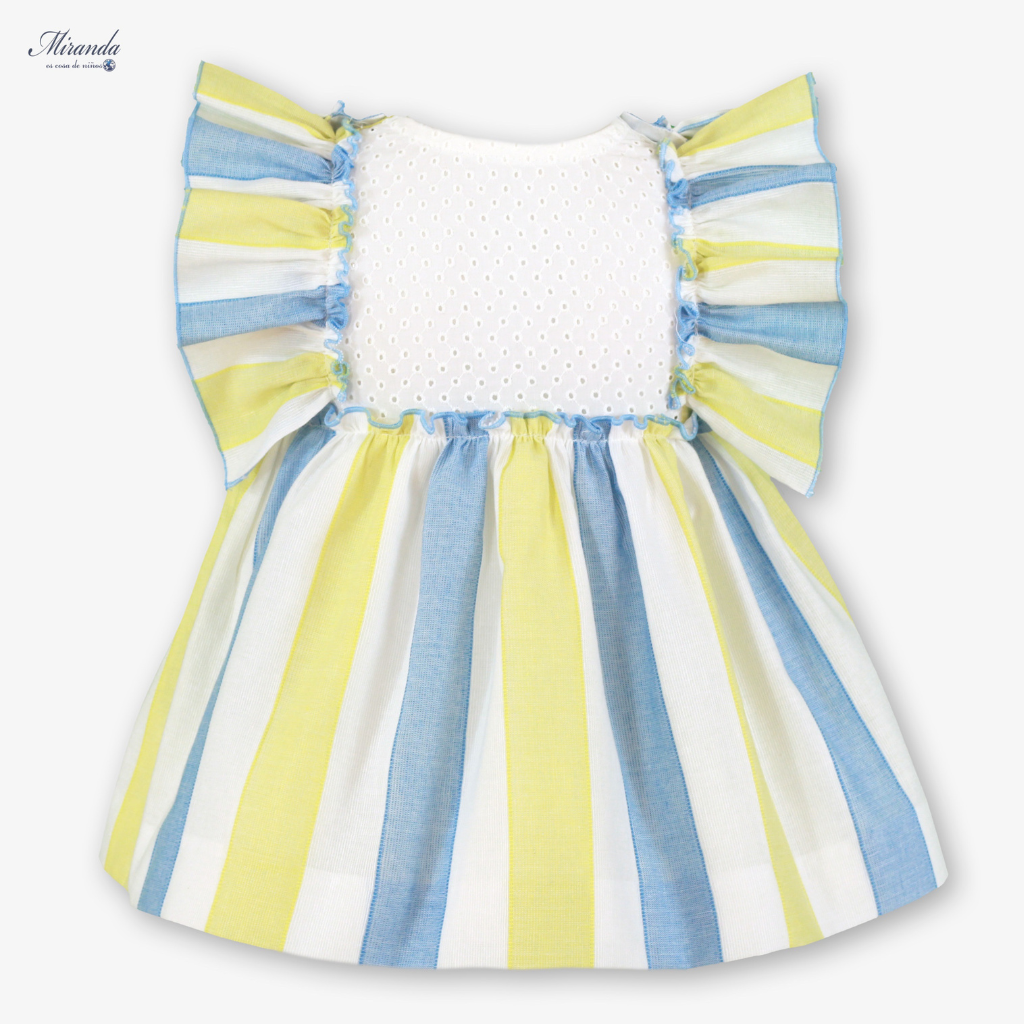 VESTIDO BEBE FRANJAS AMARILLO CELESTE - Menta Moda Infantil