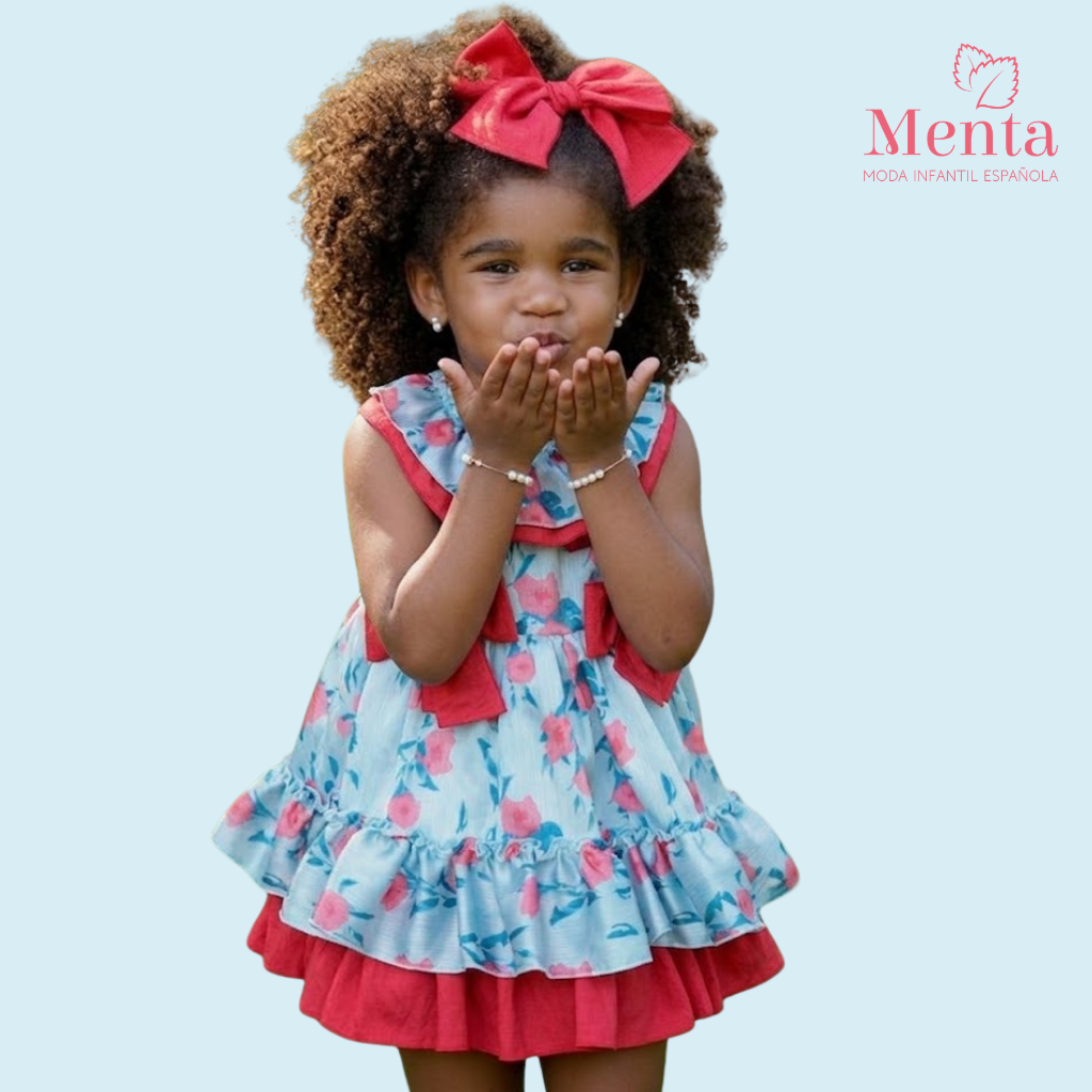 VESTIDO NIÑA ESTAMPADO AZUL ACQUA Y ROJO LAZOS - Menta Moda Infantil