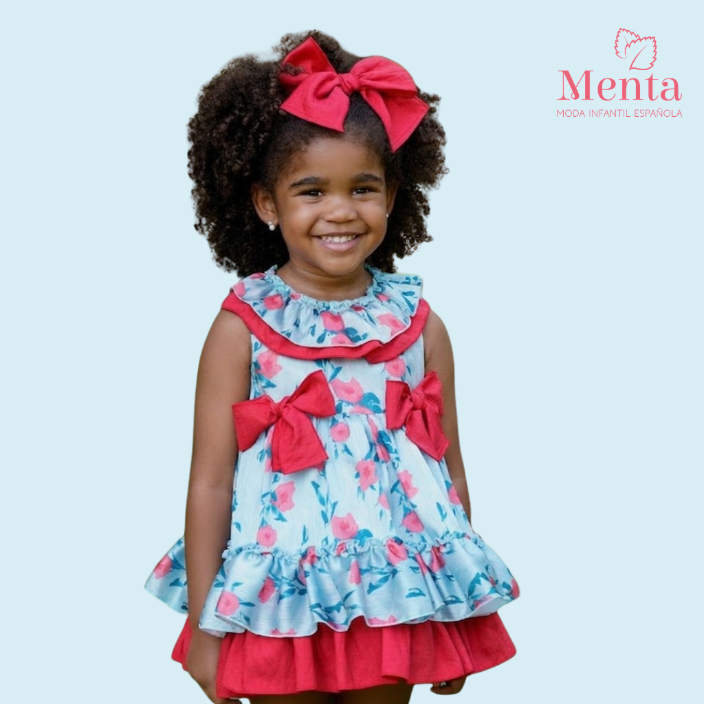 VESTIDO NIÑA ESTAMPADO AZUL ACQUA Y ROJO LAZOS - Menta Moda Infantil