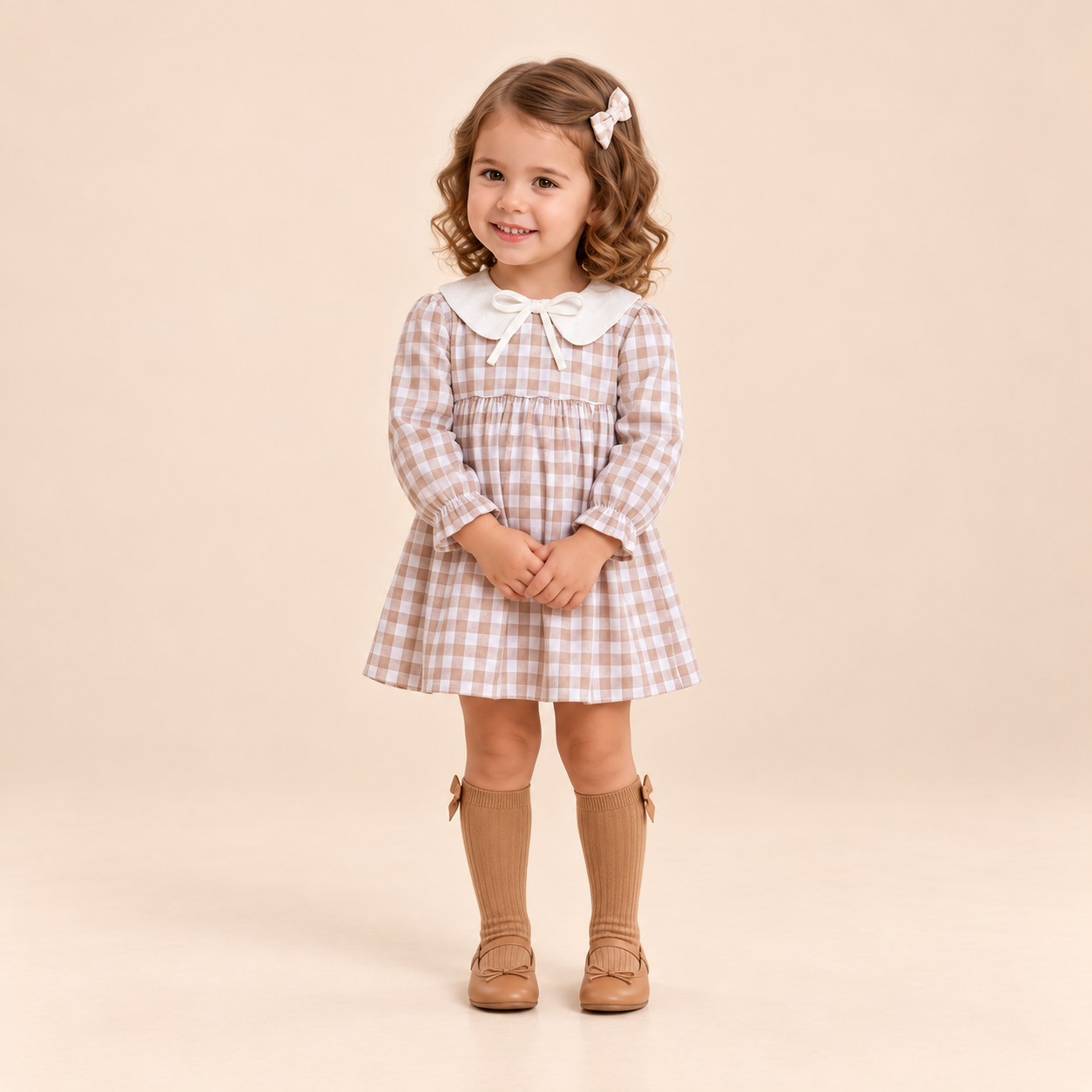 VESTIDO BRAGUITA BEBE CUADROS CAMEL - Menta Moda Infantil