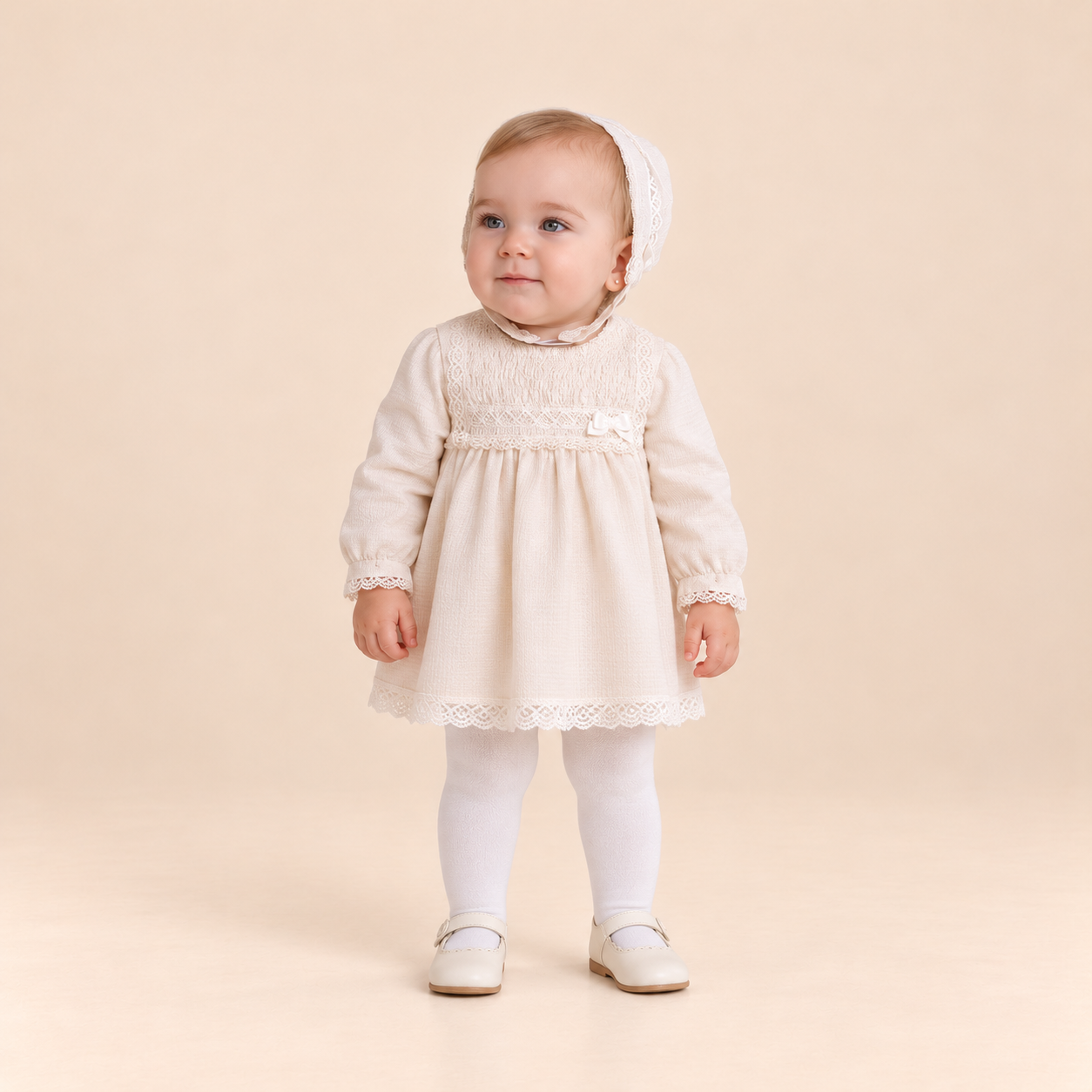 VESTIDO BRAGUITA GORRO BEBE CRUDO CEREMONIA - Menta Moda Infantil