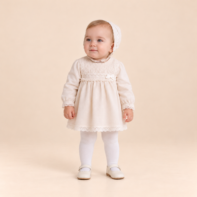 VESTIDO BRAGUITA GORRO BEBE CRUDO CEREMONIA - Menta Moda Infantil