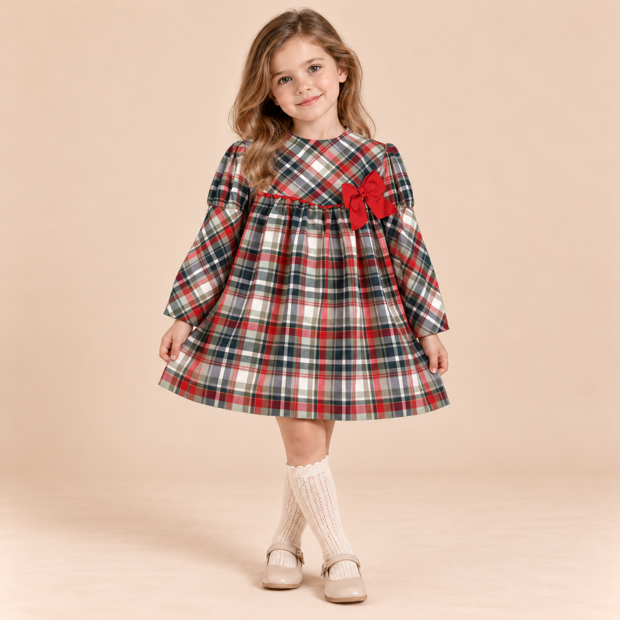VESTIDO NIÑA CUADROS VERDE ROJO Y MARINO - Menta Moda Infantil