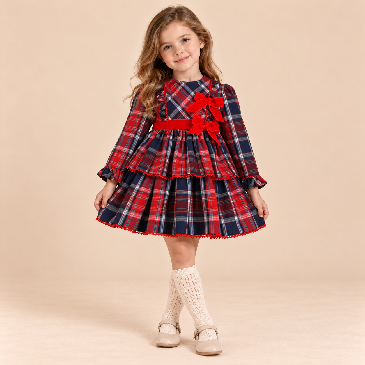 VESTIDO CUADROS AZUL CON ROJO NIÑA - Menta Moda Infantil