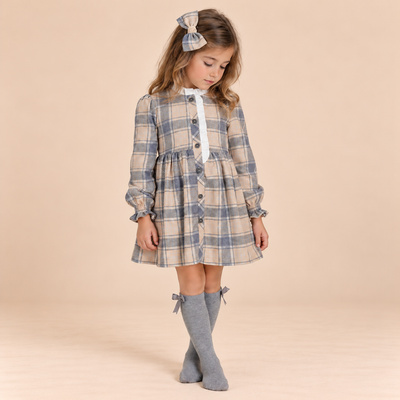 VESTIDO DE CUADROS BEIGE Y AZUL GRISACEO PARA NIÑA - Menta Moda Infantil