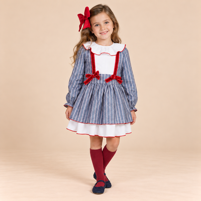 VESTIDO FORMAL PARA NIÑA AZUL DE RAYAS CON ROJO - Menta Moda Infantil