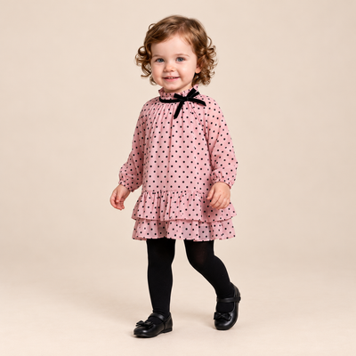 VESTIDO BEBE ROSA LUNARES NEGROS - Menta Moda Infantil
