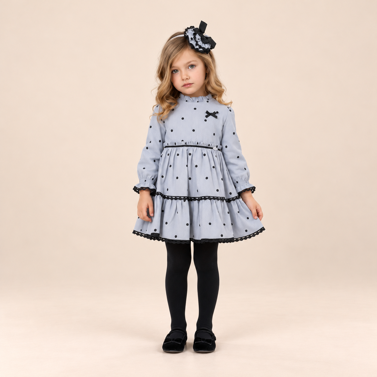 VESTIDO INFANTIL GRIS TOPOS NEGROS - Menta Moda Infantil