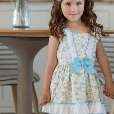VESTIDO PARA NIÑA TURQUESA CON ESTAMPADO DE FLORES