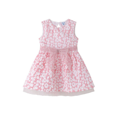 VESTIDO BLANCO DE NIÑA. TEJIDO DE BROCADO CON DETALLES DE LAZO EN TULL