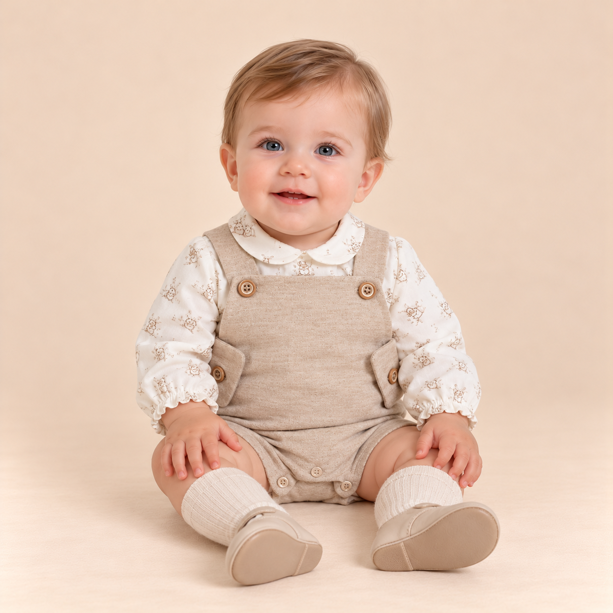 PETO CAMEL Y CAMISA ESTAMPADA BEBE NINO - Menta Moda Infantil