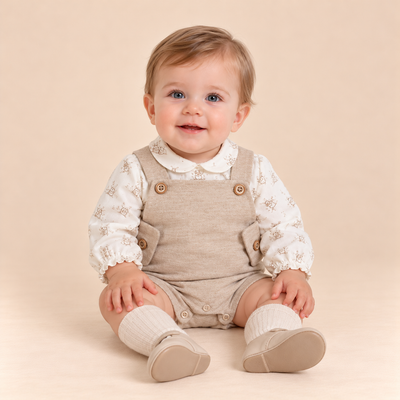 PETO CAMEL Y CAMISA ESTAMPADA BEBE NINO - Menta Moda Infantil