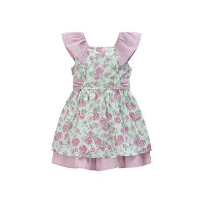 VESTIDO NIÑA VERDE MENTA CON FLORES MALVA