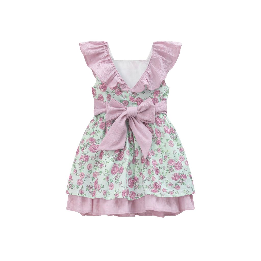 VESTIDO NIÑA VERDE MENTA CON FLORES MALVA