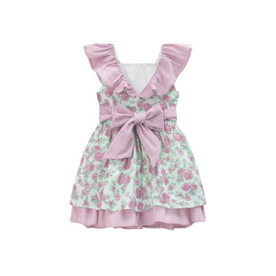 VESTIDO NIÑA VERDE MENTA CON FLORES MALVA