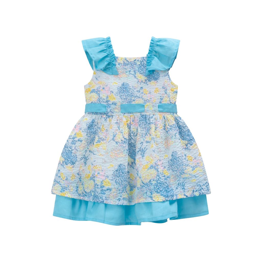 VESTIDO NIÑA AZUL TURQUESA CON FLORES AMARILLO