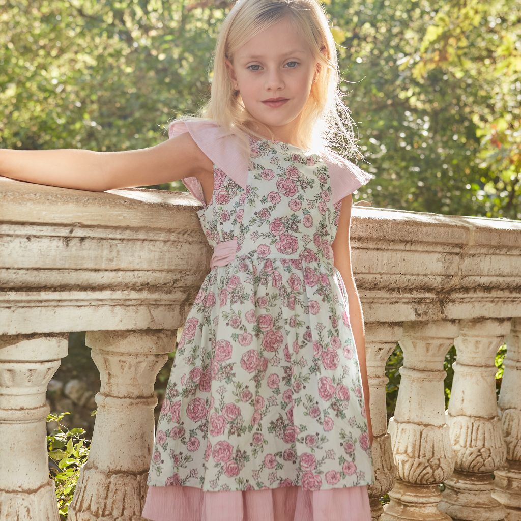 VESTIDO NIÑA VERDE MENTA CON FLORES MALVA