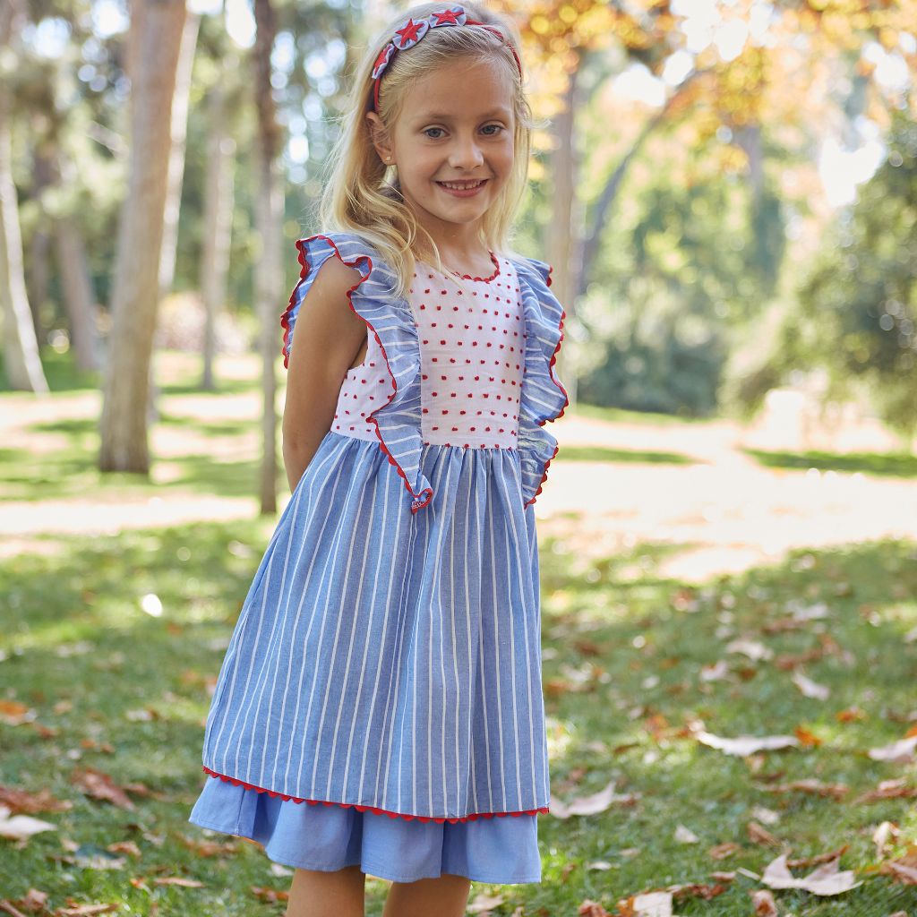 VESTIDO DE NIÑA AZUL CIELO CON RAYAS BLANCAS