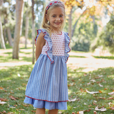 VESTIDO DE NIÑA AZUL CIELO CON RAYAS BLANCAS
