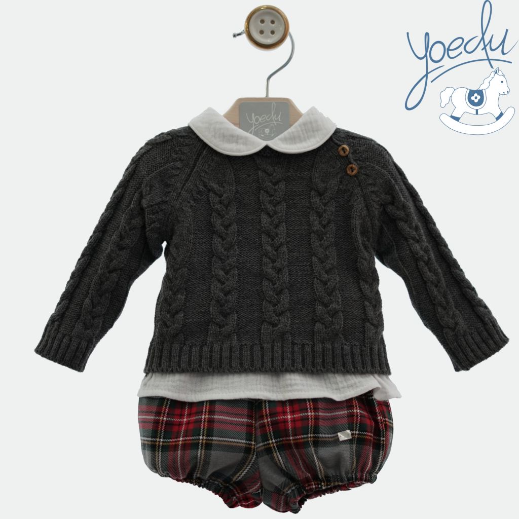 CONJUNTO BEBÉ NIÑO TRES PIEZAS JERSEY Y BOMBACHO CUADROS - Menta Moda Infantil