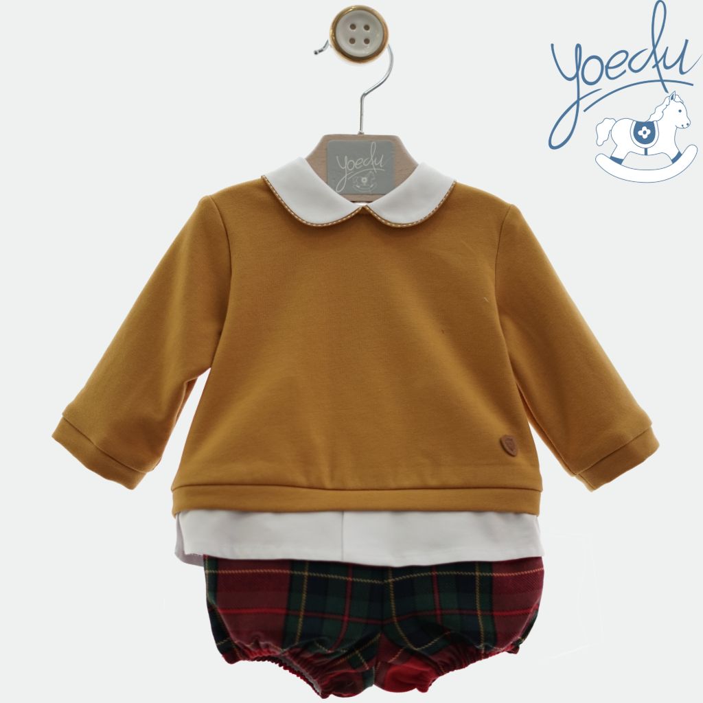 CONJUNTO BEBÉ NIÑO TRES PIEZAS JERSEY MOSTAZA - Menta Moda Infantil