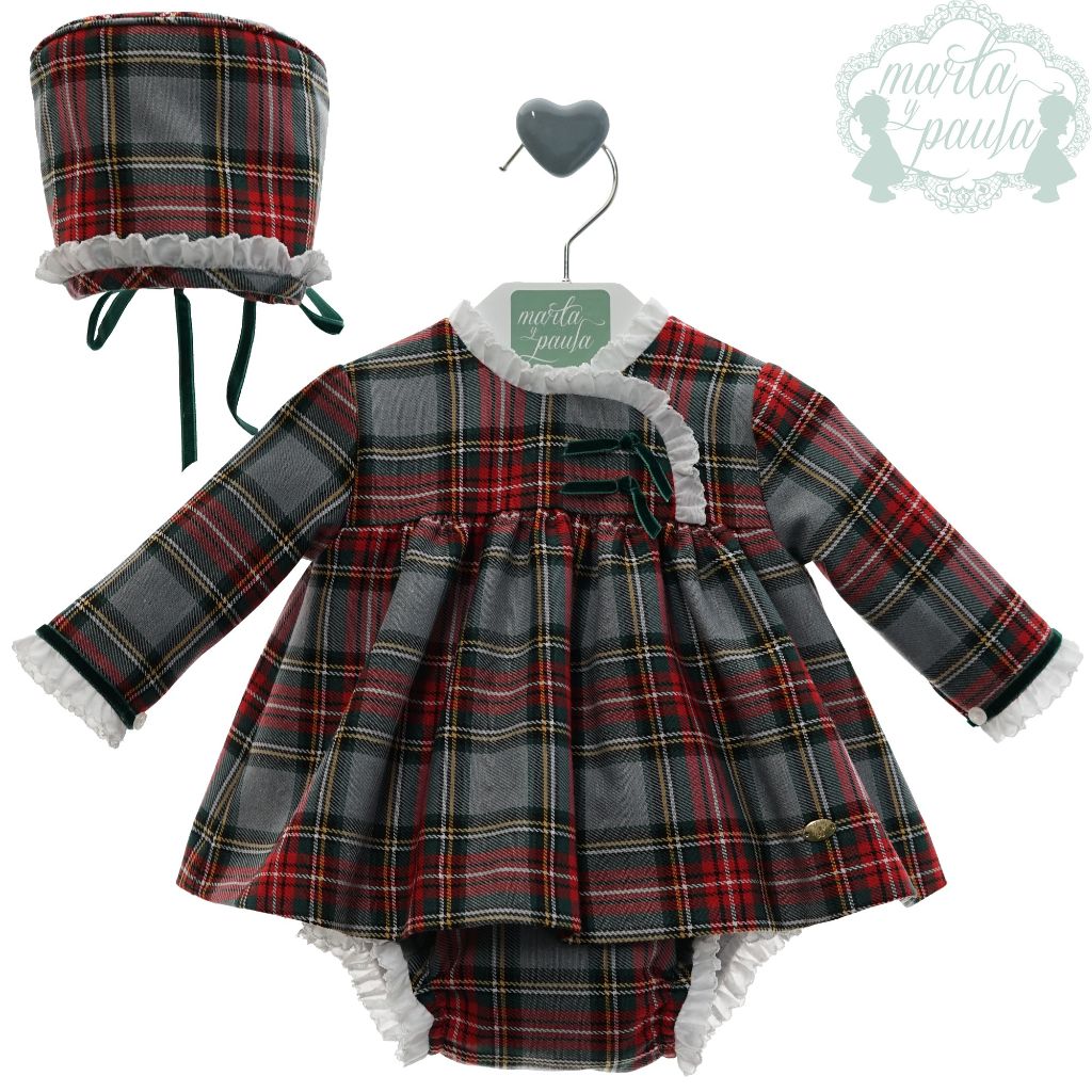 JESUSIN BEBE NINA MANGA LARGA  CUADROS ESCOCES EN TONOS GRIS CON CAPOTA Y POLOLO - Menta Moda Infantil