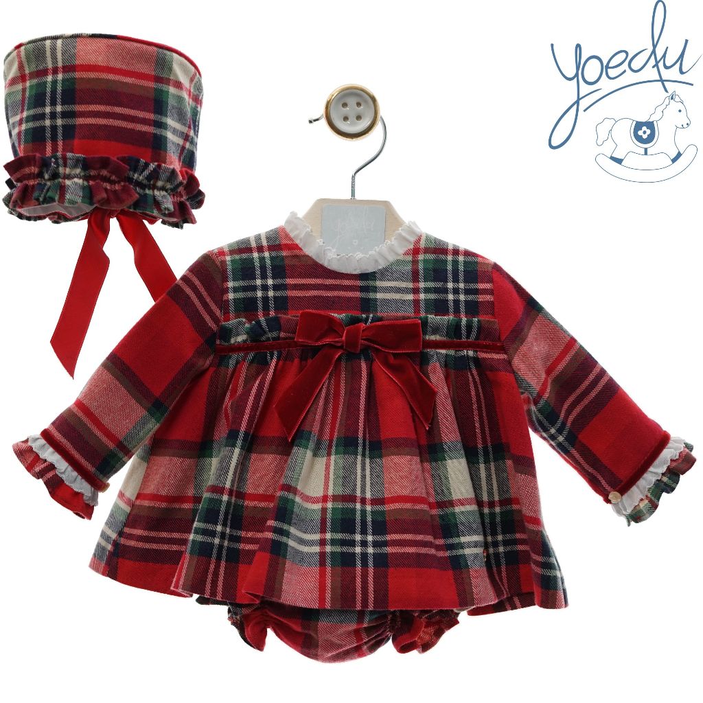 JESUSIN BEBE NINA MANGA LARGA CUADROS ROJO CON BRAGUITA Y CAPOTA FAMILIA NOEL - Menta Moda Infantil