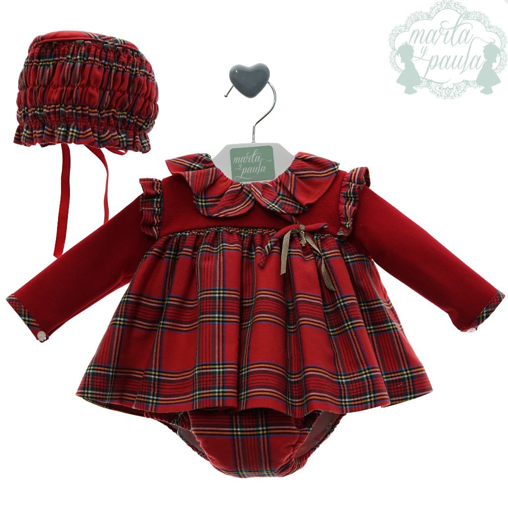 JESUSIN BEBE NINA MANGA LARGA ROJO CUADROS CON CAPOTA Y POLOLO FAMILIA AMOR - Menta Moda Infantil