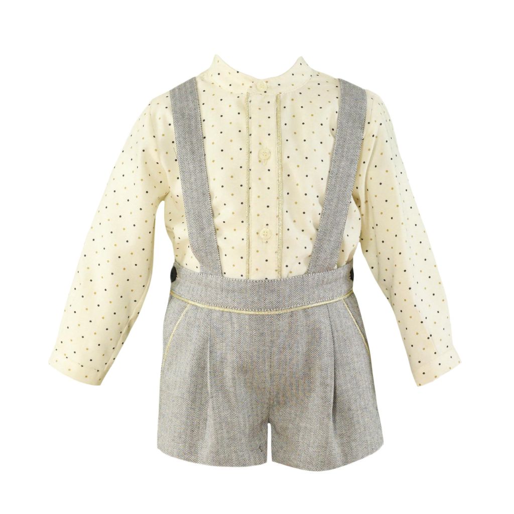 CONJUNTO BEBÉ NIÑO CAMISA PUNTOS CON SHORT CON TIRANTES GRIS - Menta Moda Infantil