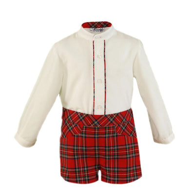 CONJUNTO BEBE NINO PANTALON CORTOCUADROS ESCOCES ROJO - Menta Moda Infantil