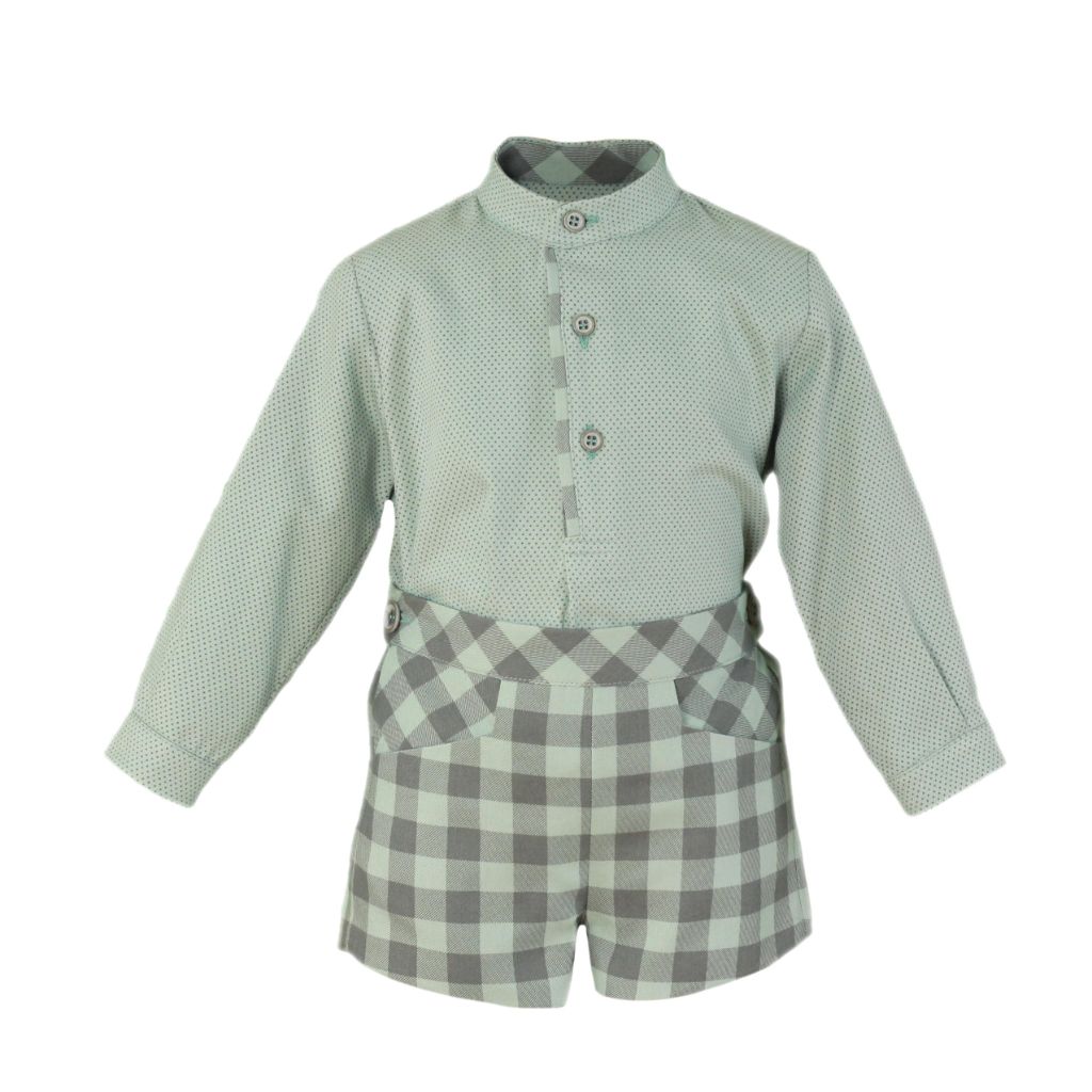 CONJUNTO  NINO CAMISA  MANGA LARGA Y PANTALON CORTO CUADROS  VERDE EMPOLVADO - Menta Moda Infantil