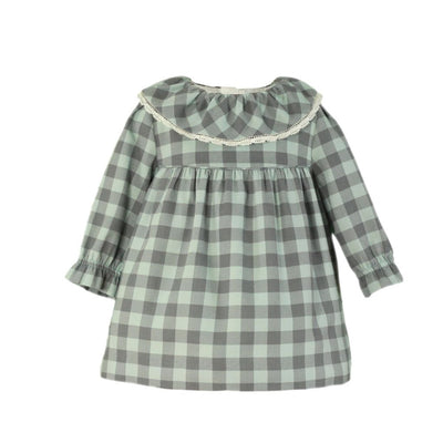 VESTIDO MANGA LARGA BEBE NINA  CUADROS VERDE EMPOLVADO Y GRIS MARENGO - Menta Moda Infantil