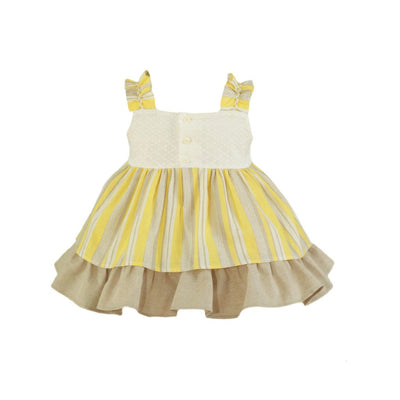 VESTIDO BEBE NIÑA DE LINEAS AMARILLA Y BEIGE OSCURO