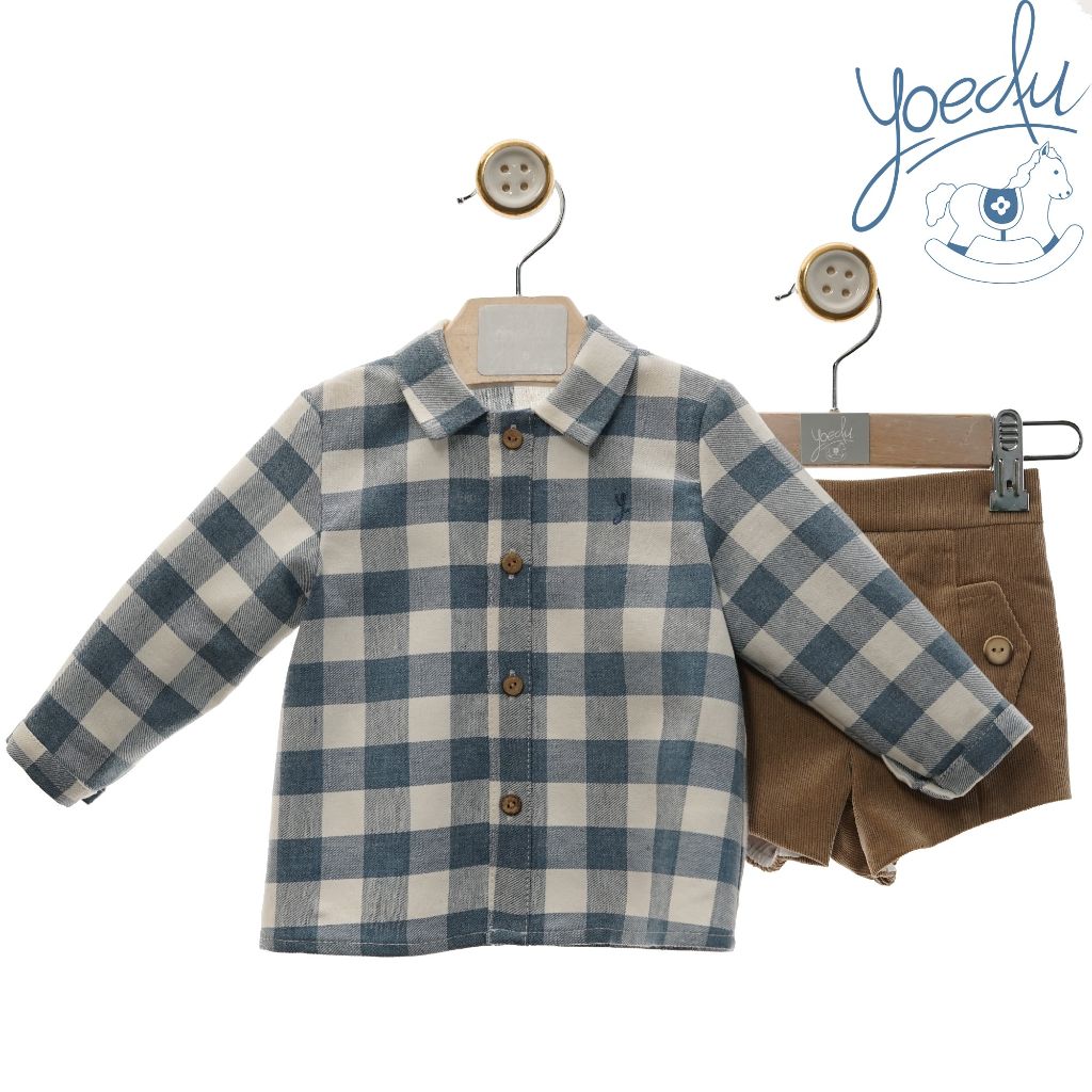 CONJUNTO BEBE NINO PANTALON CORTO CUADROS AZUL Y BLANCO FAMILIA NIEVES - Menta Moda Infantil