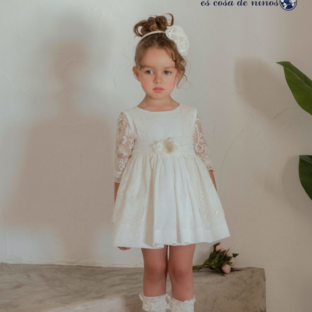 VESTIDO NIÑA CEREMONIA CRUDO Y ENCAJE - Menta Moda Infantil