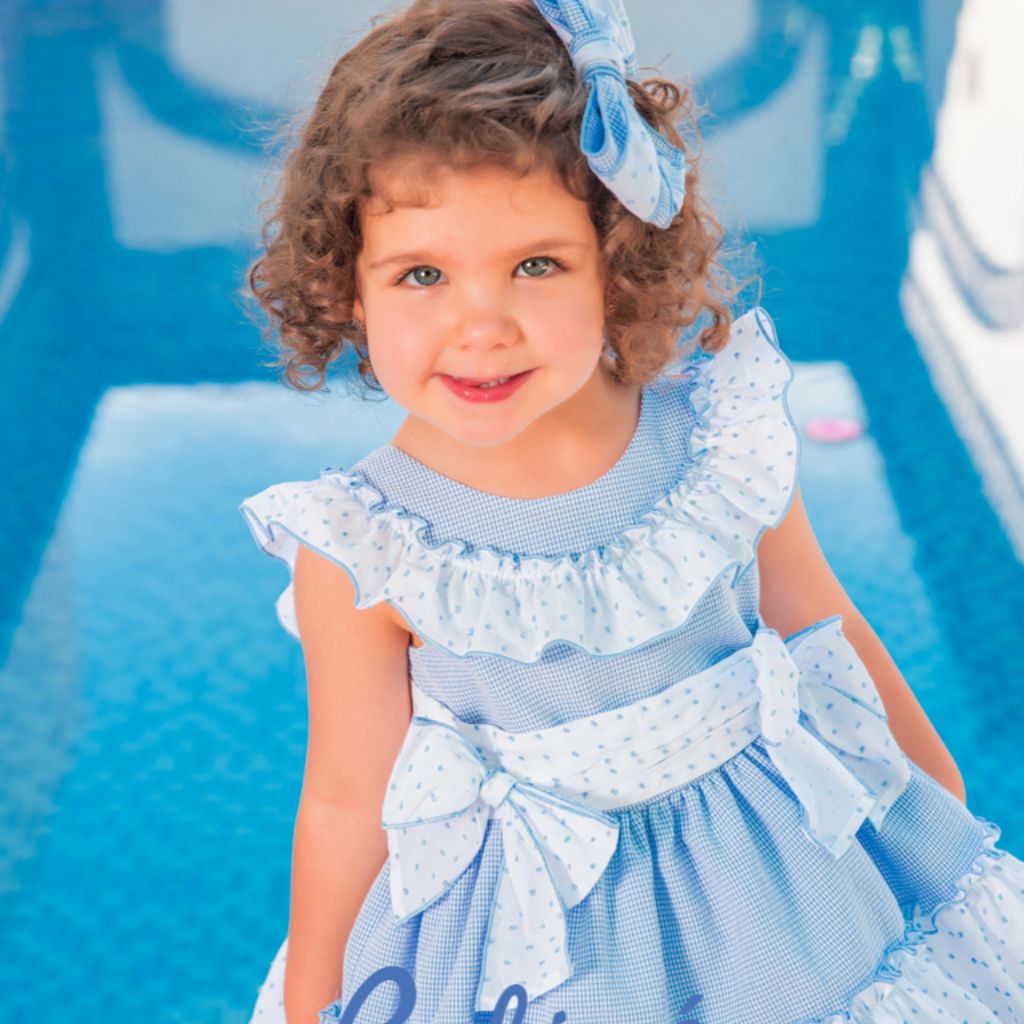VESTIDO CORTE ALTO DOS MOÑOS CELESTE - Menta Moda Infantil