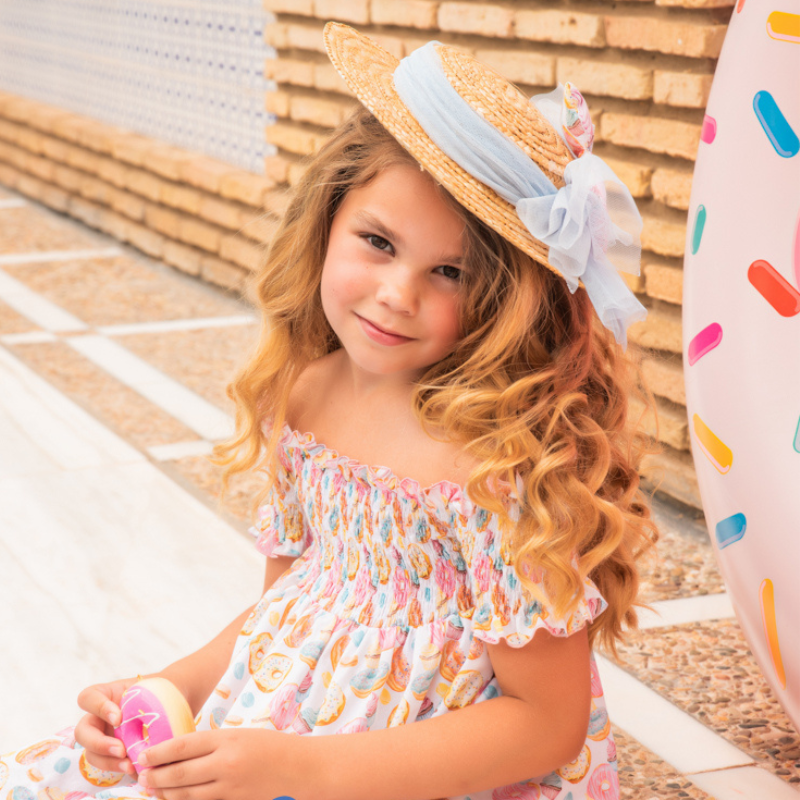 VESTIDO ESTAMPADO DONUTS HOMBROS DESCUBIERTOS