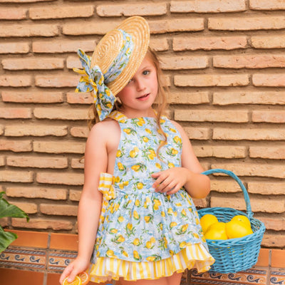 VESTIDO LIMONES CON VOLANTES DE RAYAS - Menta Moda Infantil