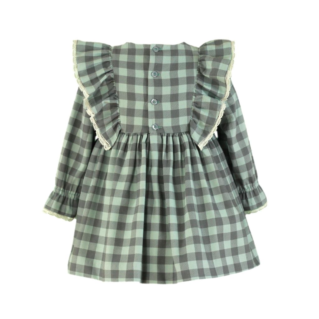 VESTIDO MANGA LARGA NINA CUADROS VERDE EMPOLVADO Y GRIS - Menta Moda Infantil