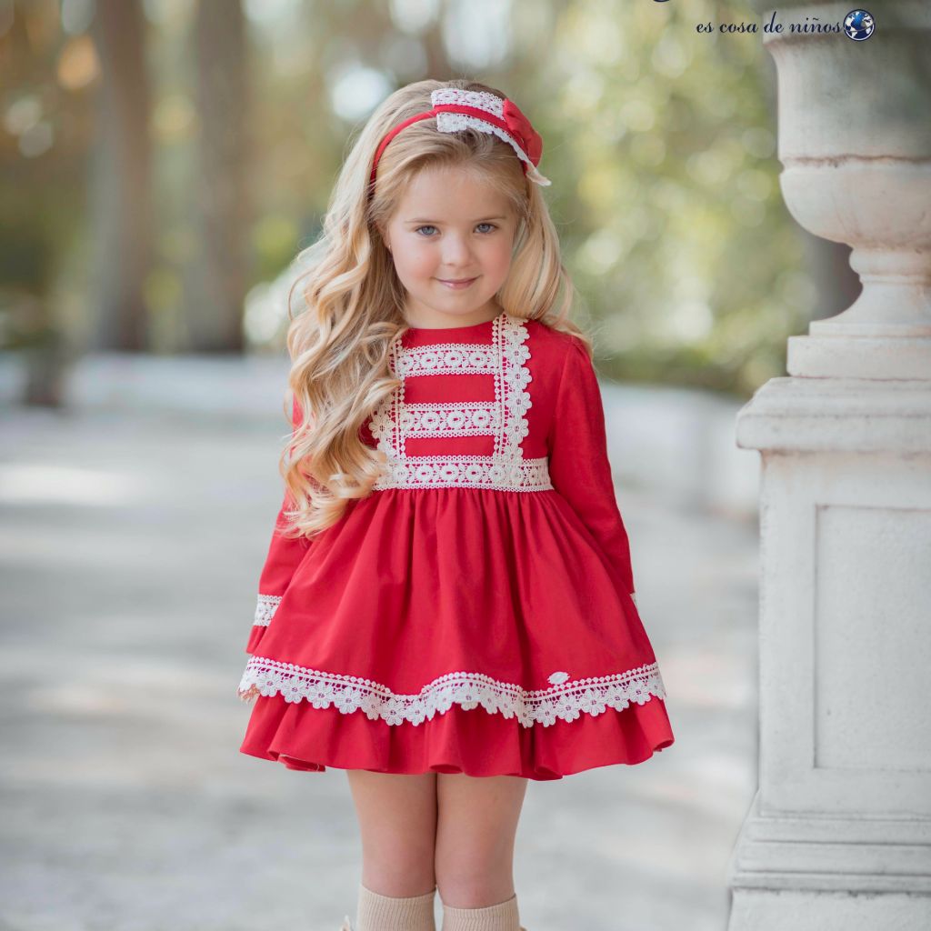 VESTIDO NIÑA ROJO CON DETALLES DE ENCAJE COLOR CRUDO - Menta Moda Infantil
