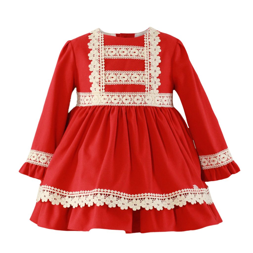 VESTIDO NIÑA ROJO CON DETALLES DE ENCAJE COLOR CRUDO - Menta Moda Infantil